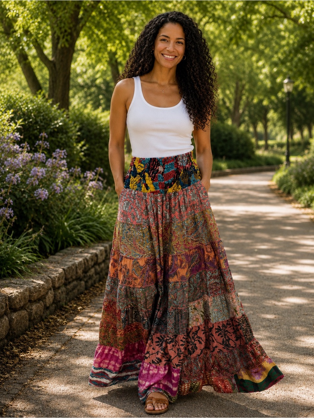H260 NWT Karma Hwy OS w13-24 Boho Patchwork Maxi Skirt in Coral, Pink & Teal